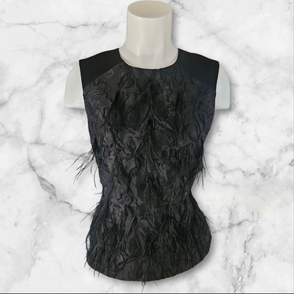 BCBG Max Azria “Cailin” Feather Trim Textured Black Top | NWT $268 | Size S